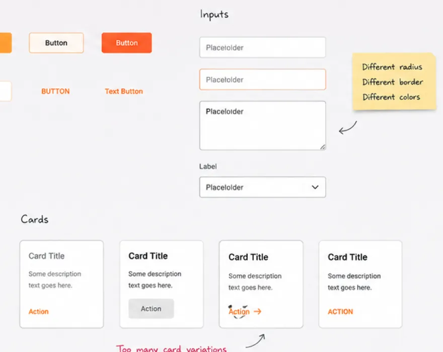 Annotated screenshot calling out inconsistent radius, border, and color usage